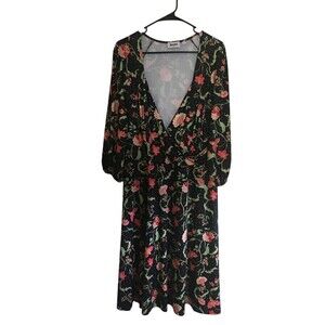 Leota Dress Women's Size 1X Black Red Floral Raglan V-Neck Stretch